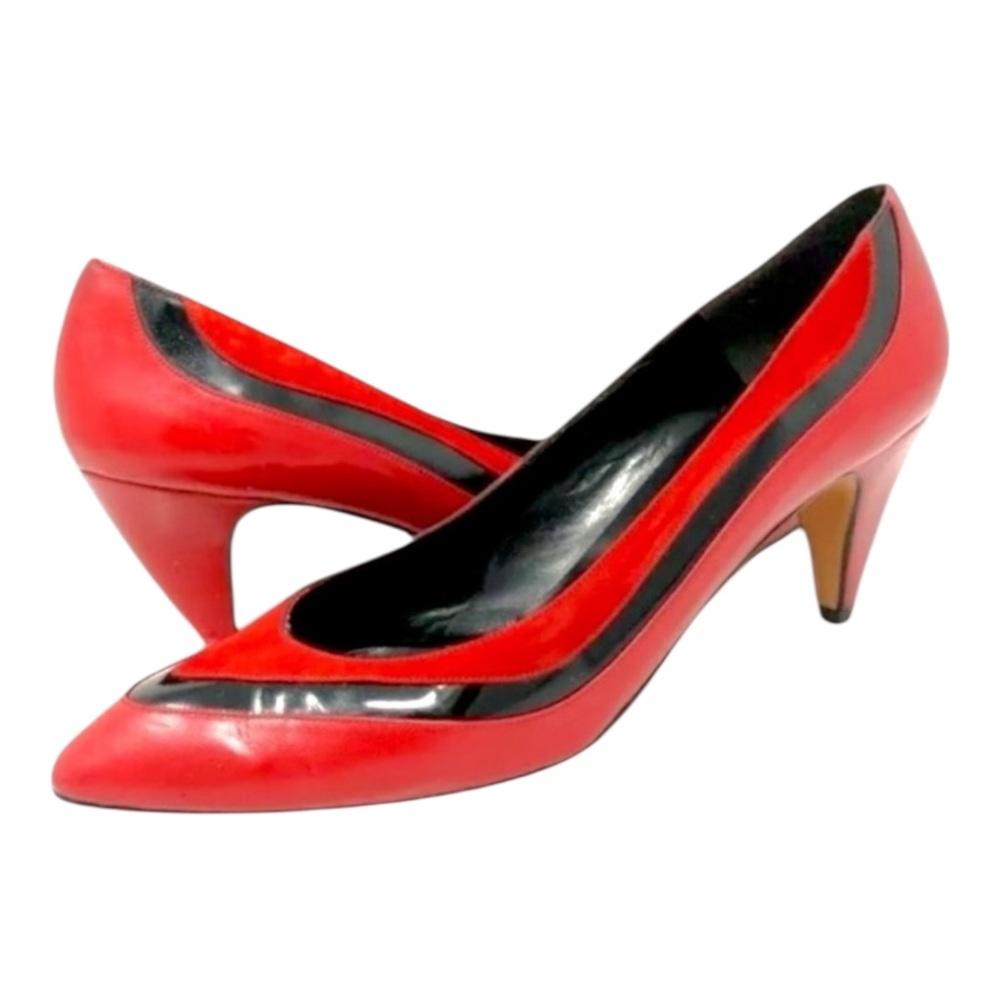 VTG Palizzio Italian Red Black Leather Suede Pointed Toe Low Kitten Heel Pump 9N